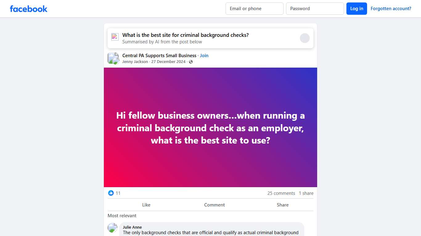 Central PA Supports Small Business | Hi fellow business owners…when running a criminal background check as an employer, what is the best site to use | Facebook
